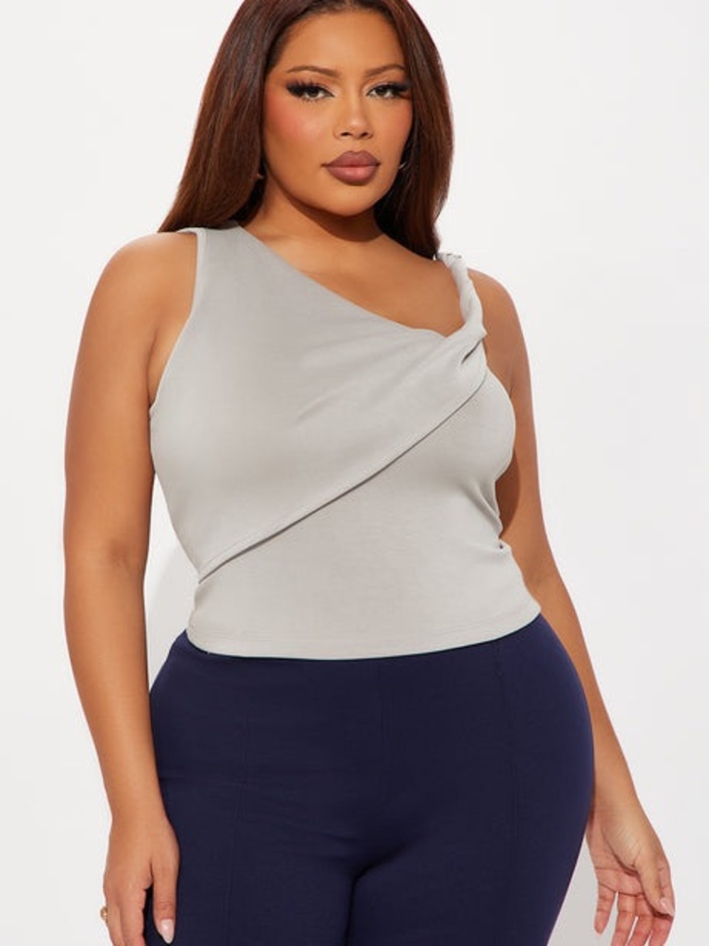 Fashion Nova Asymmetric Twist Strap Draped Tank Top - Light Gray